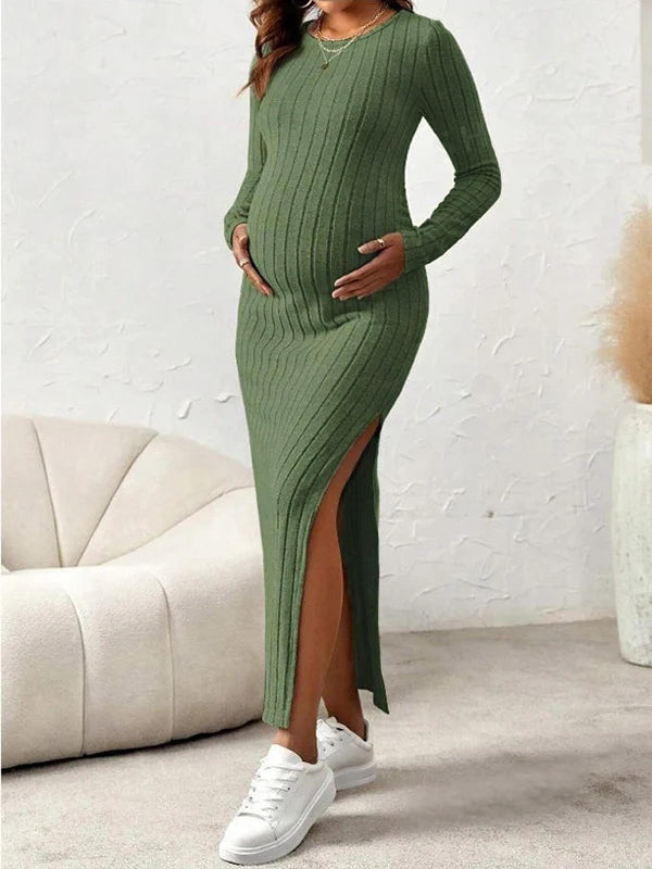 Mumsmode Zwangerschaps Maxi Daily Jurk Basis Chique Zijsplit Bodycon Gestreept