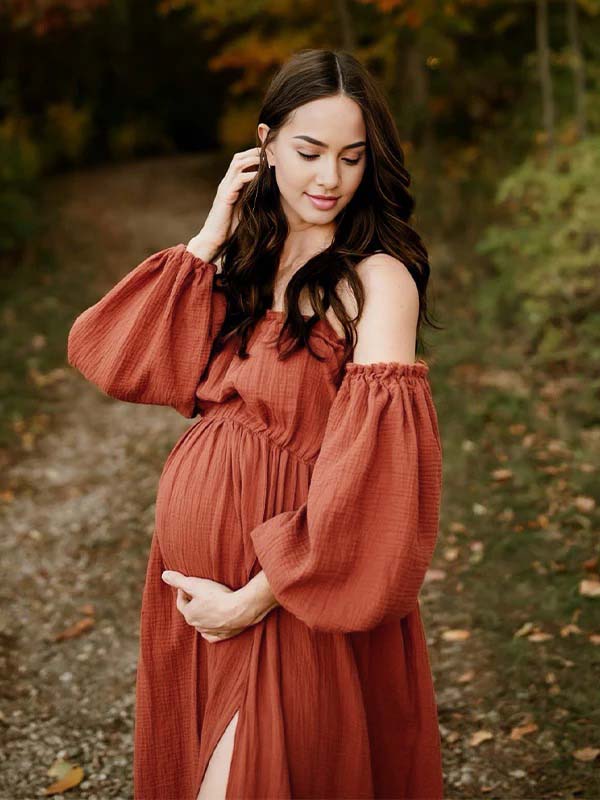Oranje Zwangerschaps Maxi Jurk Boho Off-Shoulder Ruches Zijsplit
