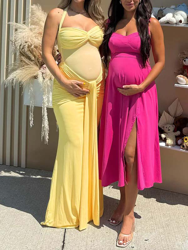 Mumsmode Zwangerschaps Maxi Jurk Mesh Geplooid Gedrapeerd Halterhals Rugloos Babyshower