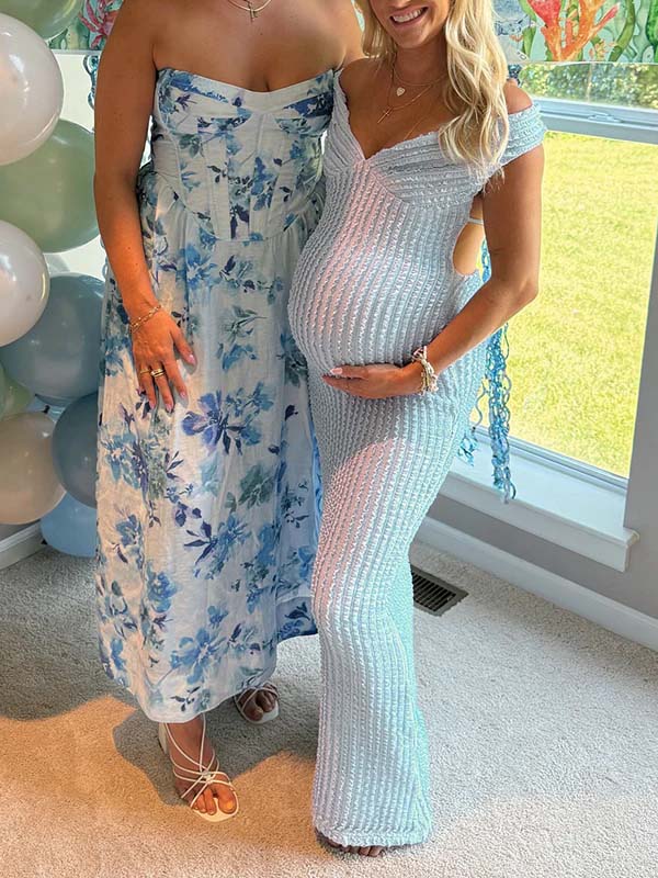 Mumsmode Zwangerschaps Maxi Babyshower Jurk Chique Gekreukt Rugloos Off Shoulder Blauw