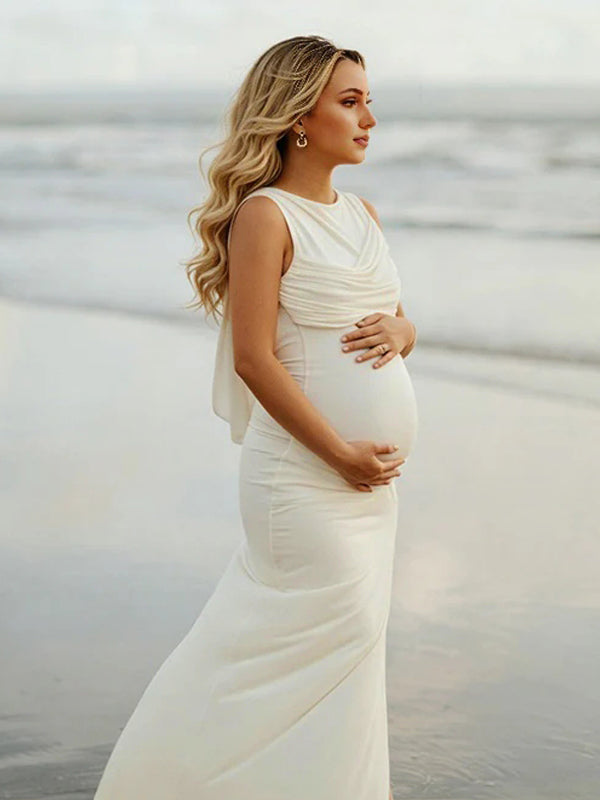 Mumsmode Chique Abrikoos Zijsplit Gekreukt Knoop Rugloos Gedrapeerd Fotoshoot Zwangerschaps Maxi Jurk