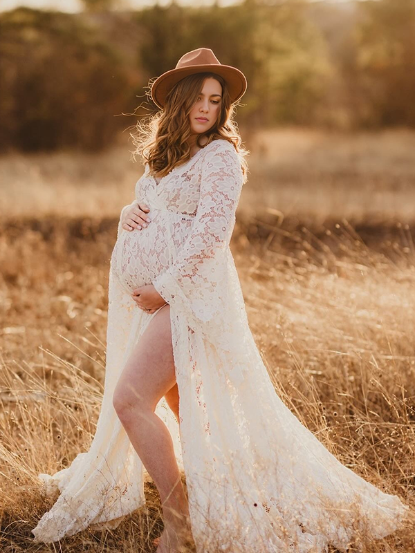 Mumsmode Zwangerchaps Maxi Fotoshoot Jurken Elegant Boheems Kanten Zijsplit Flare Mouw