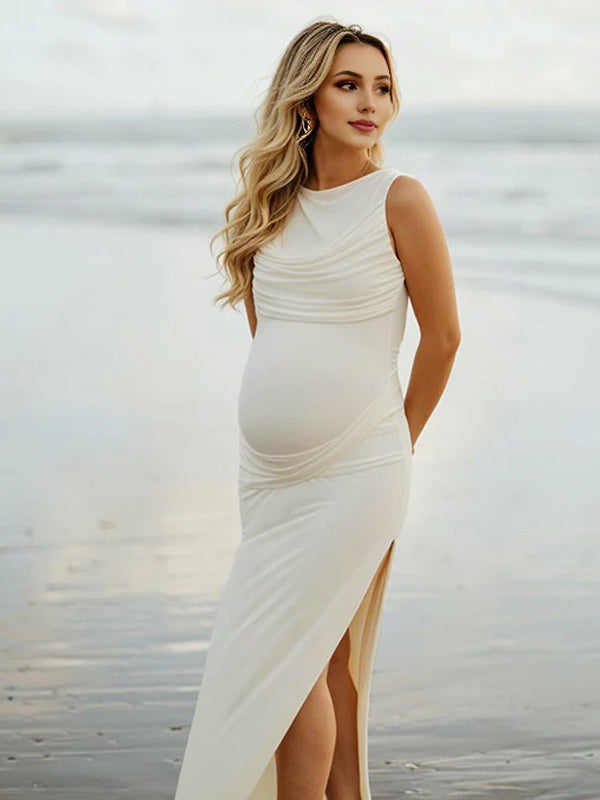 Mumsmode Chique Abrikoos Zijsplit Gekreukt Knoop Rugloos Gedrapeerd Fotoshoot Zwangerschaps Maxi Jurk