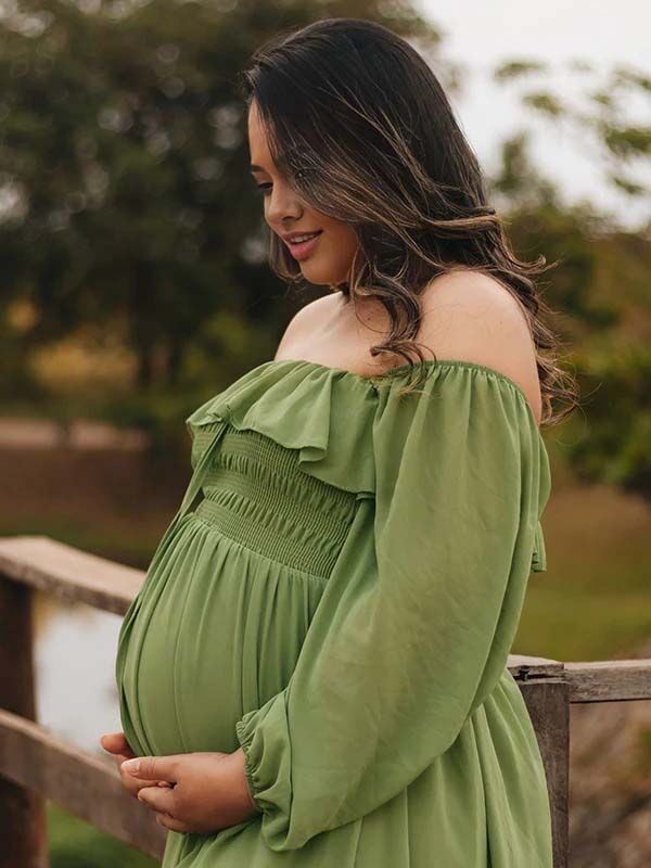 Mumsmode Zwangerschaps Fotoshoot Jurken Elegant Ruches Koord Gedrapeerd Trapeze Off Shoulder Maxi Jurken