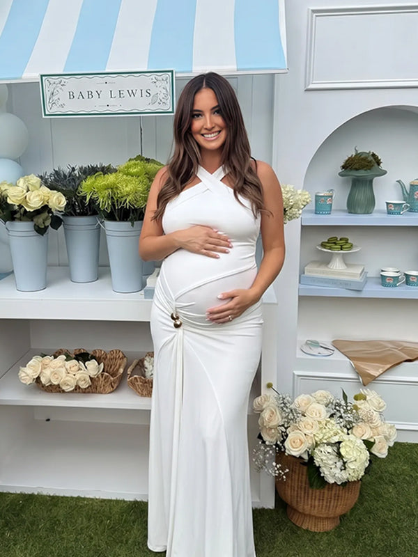 Zwangerschaps Maxi Jurk Off-Shoulder Geplooid Gesp Bodycon