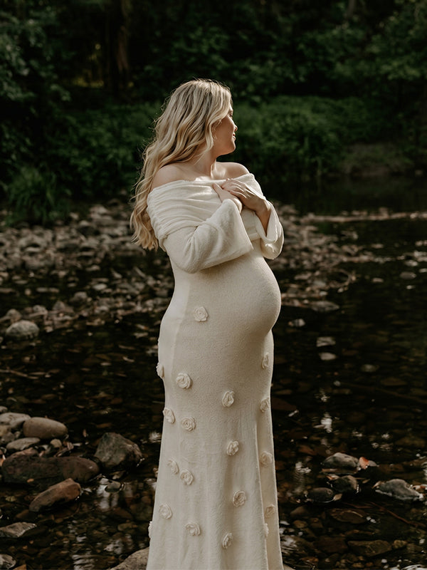 Mumsmode Zwangerchaps Maxi Fotoshoot Jurken Appliques Boot Nek Flare Mouw Wit