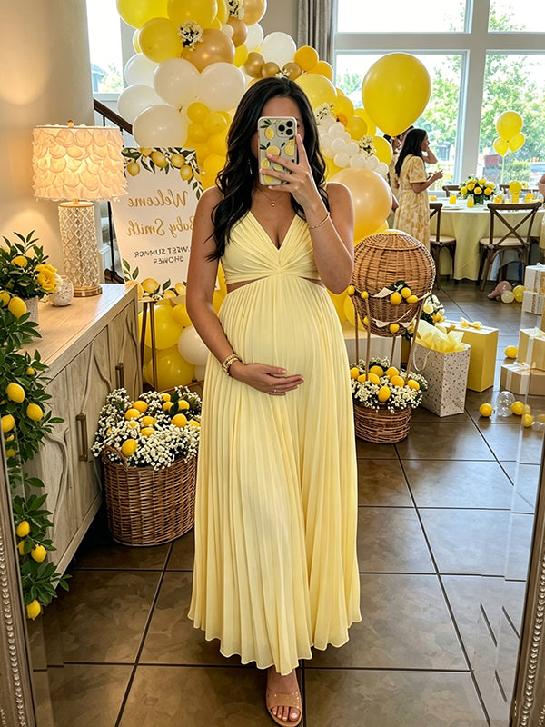 Elegante Gele Zwangerschaps Maxi Jurk Geplooid Cut-Out Zwierige Rok