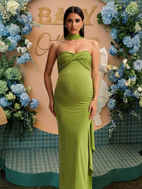 Mumsmode Chique Groen Knoop Bandeau Bodycon Lintjes Gedrapeerd Babyshower Zwangerschaps Maxi Jurk