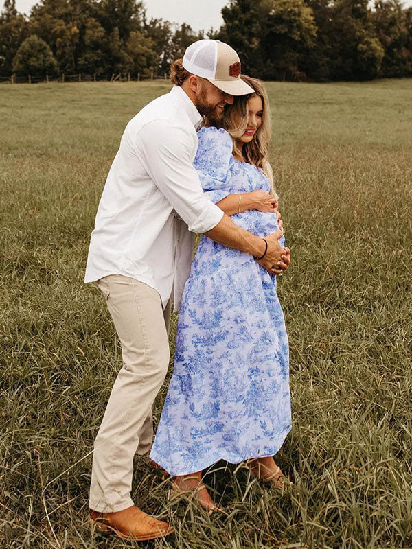 Mumsmode Blauw Schattige Zwangerschaps Maxi Jurk Ruches Geplooid Hoge Taille Pofmouwen Fotoshoot