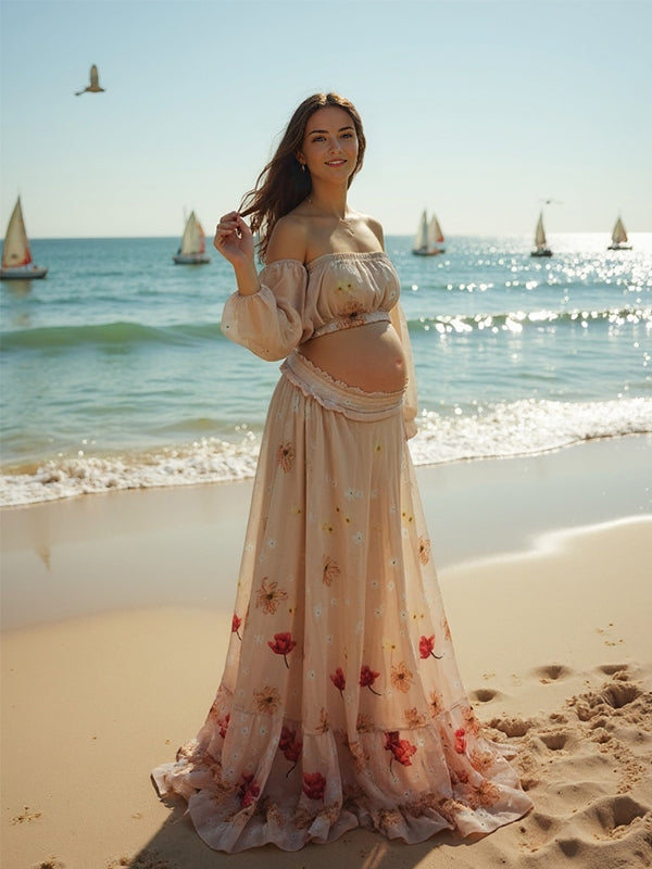 Mumsmode Zwangerchaps Fotoshoot Jurken Elegante 2-in-1 Zijsplit Bloemenprint  Ruches Maxi Jurken