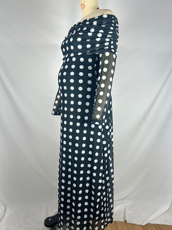Mumsmode Zwangerchaps Maxi Cocktail Jurken Elegante Zwart En Wit Stippenprint Off Shoulder Gekreukt Bodycon