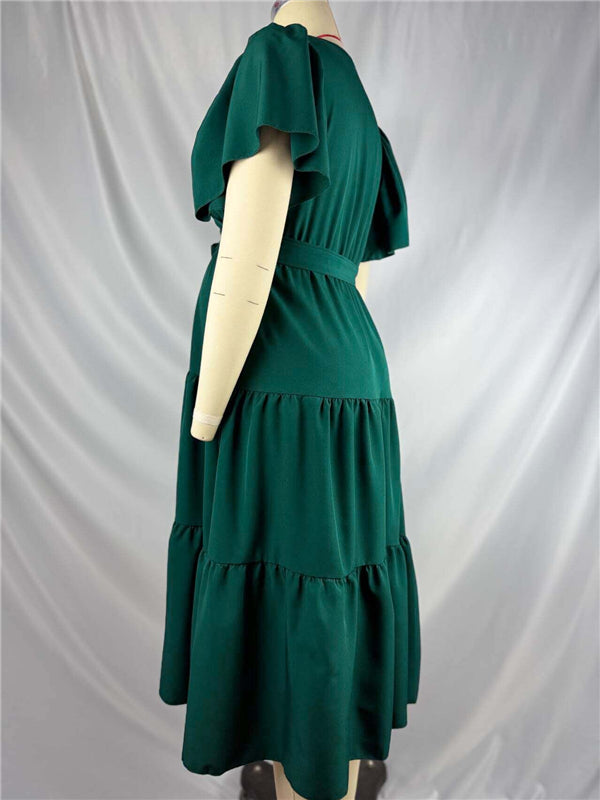 Mumsmode Zwangerchaps Maxi Fotoshoot Jurk Elegant Riem Gekreukt V-hals Korte Mouw Donkergroen