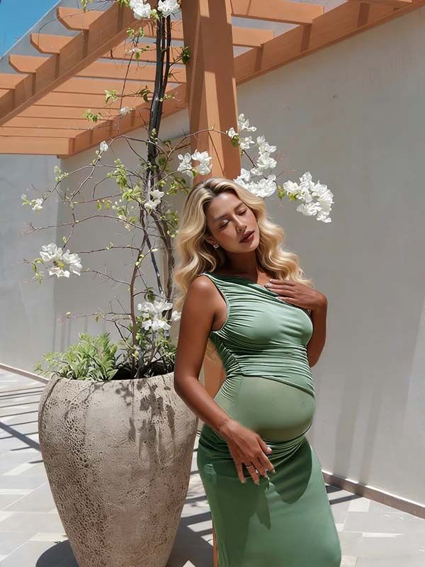 Mumsmode Zwangerschaps Maxi Jurk Babyshower Cocktail Onregelmatig Een Open Schouder Bodycon Tule Groen
