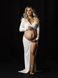 Mumsmode Zwangerchaps Maxi Fotoshoot Jurken Zijsplit Rugloos 2-in-1 V-hals Wit