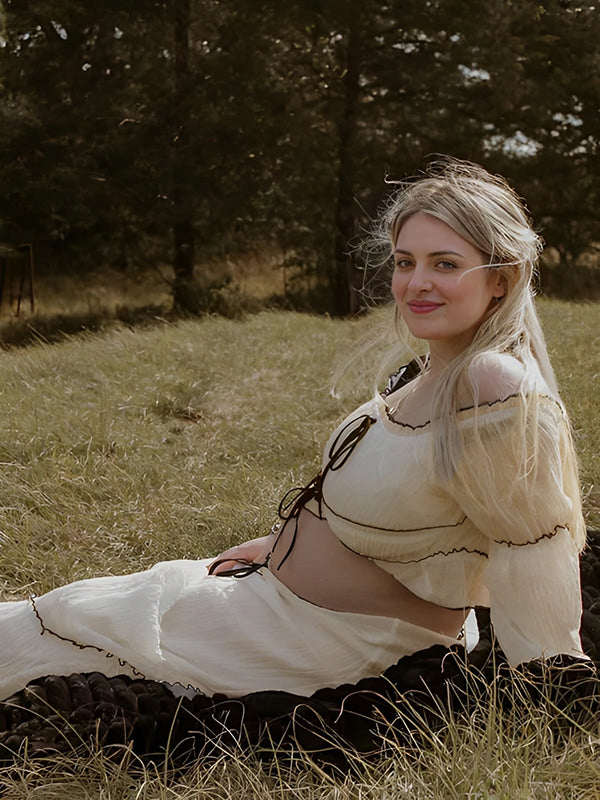 Mumsmode Zwangerchaps Maxi Fotoshoot Jurken Elegant 2-in-1 Boot Nek Pofmouw Abrikoos