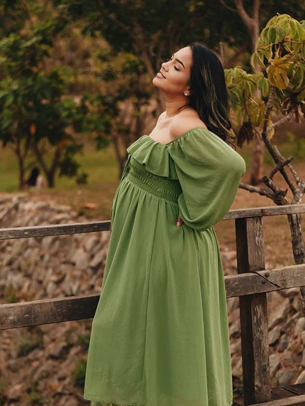 Mumsmode Zwangerschaps Fotoshoot Jurken Elegant Ruches Koord Gedrapeerd Trapeze Off Shoulder Maxi Jurken