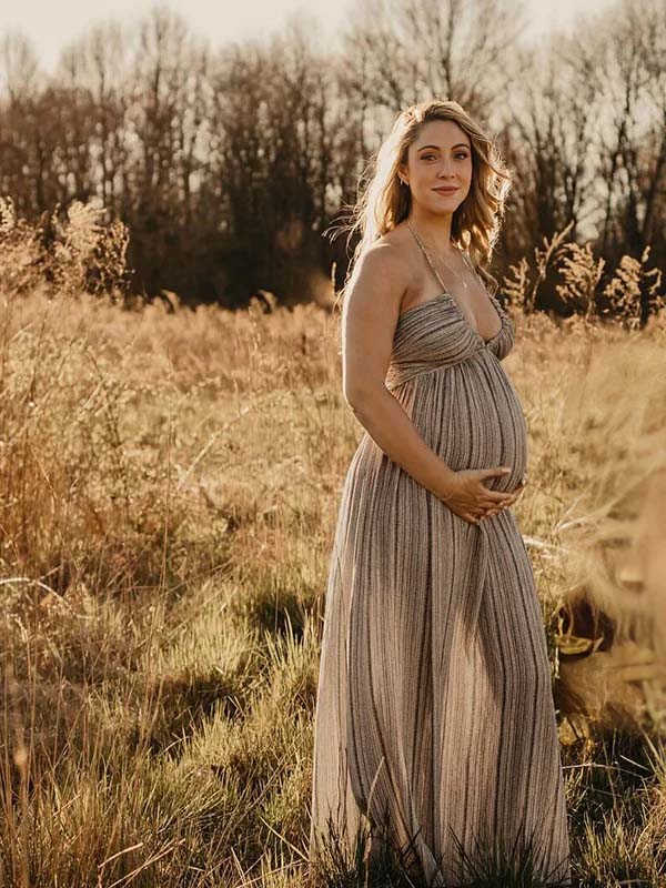 Beige Boho Zwangerschaps Maxi Jurk Halternek Rugloos Vetersluiting