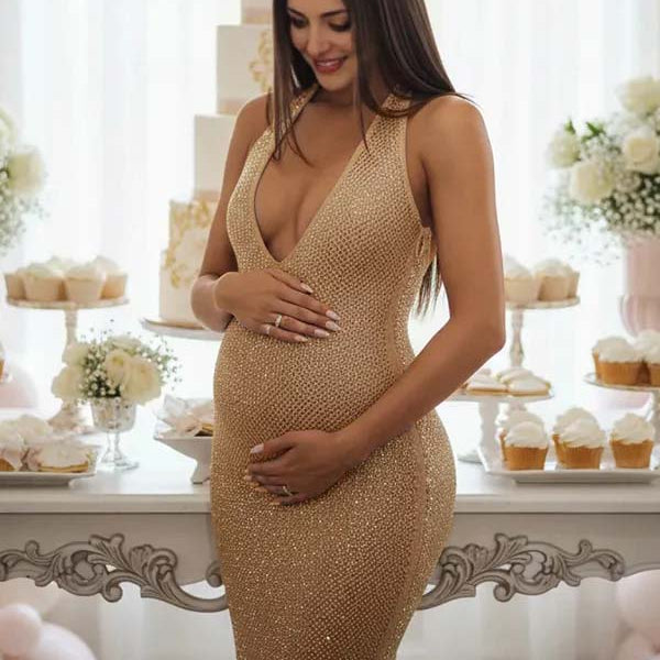 Gouden zwangerschaps maxi jurk met pailletten, halterhals en open rug, ideaal voor een babyshower.