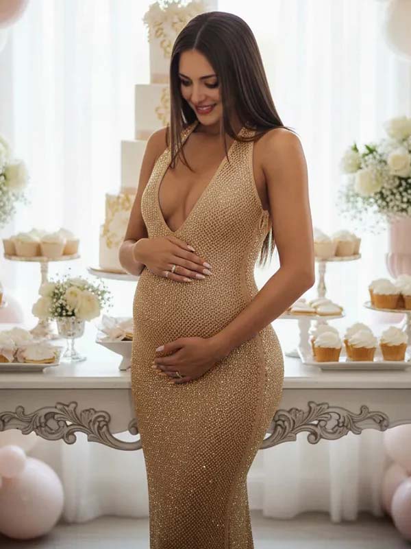 Mumsmode Glitter Pailletten Zwangerschaps Maxi Jurk Geplooid Rugloos Halterhals Bodycon Babyshower