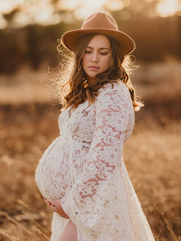 Mumsmode Zwangerchaps Maxi Fotoshoot Jurken Elegant Boheems Kanten Zijsplit Flare Mouw