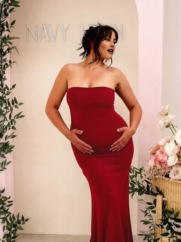 Mumsmode Chique Rood Bandeau Bodycon Zeemeermin Lintjes Babyshower Zwangerschaps Maxi Jurk