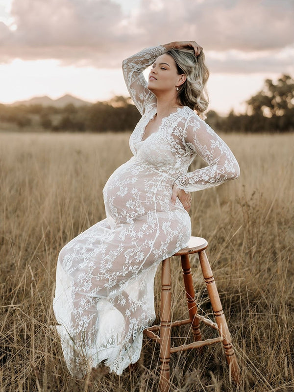 Mumsmode Zwangerschaps Kanten Maxi Jurk Elegante Boho Doorzichtige Borduursel Fotoshoot
