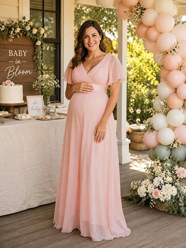 Roze Grote Maten Zwangerschaps Maxi Jurk A-lijn Tule V-hals Elegant