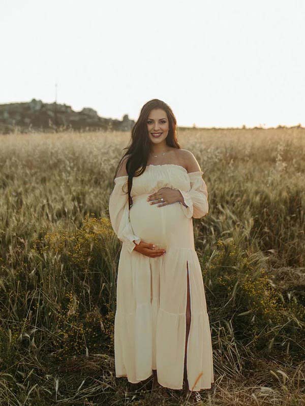 Mumsmode Zwangerchaps Fotoshoot Jurken Elegante Daily Zijsplit Ruches Gekreukt Maxi Jurken