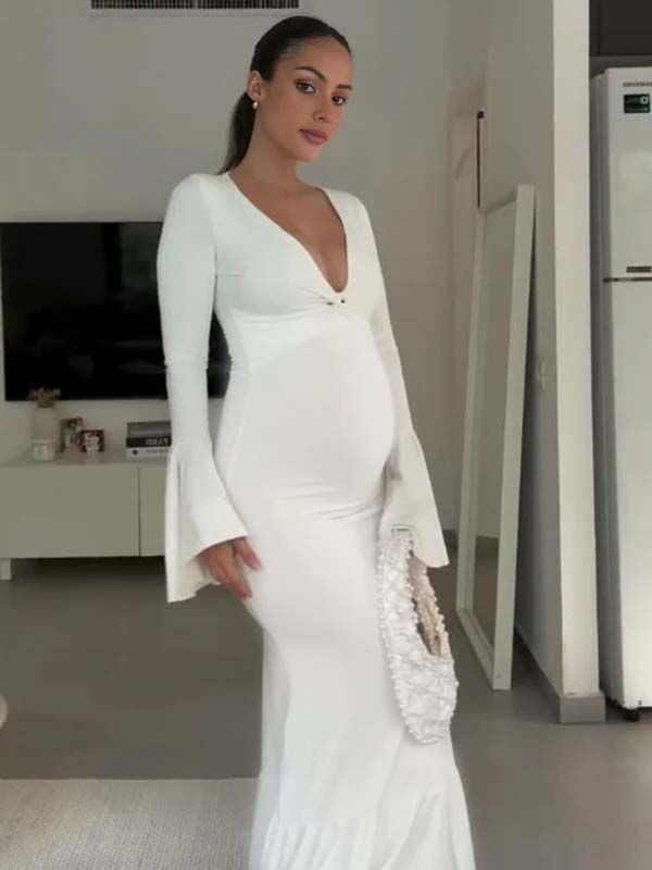 Mumsmode Zwangerschaps Maxi Jurk Babyshower Ceremonie Bodycon Ruches Zeemeermin Knoop