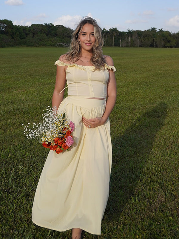 Mumsmode Zwangerchaps Maxi Fotoshoot Jurk Elegant Gekreukt 2-in-1 Vierkante Hals Geel