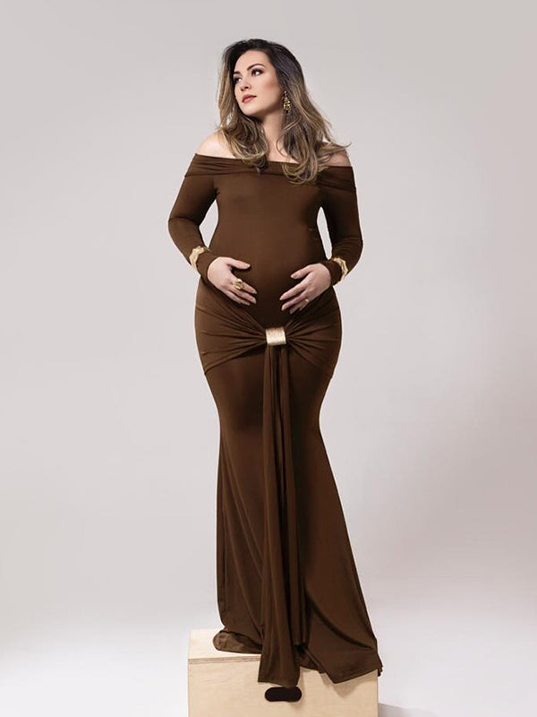 Mumsmode Zwangerschaps Fotoshoot Jurken Elegant Bezet Bodycon Gekreukt Knooppunt Off Shoulder Maxi Jurken
