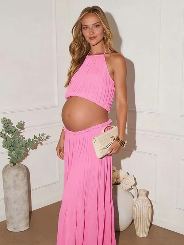 Mumsmode Zwangerschaps Maxi Jurk Fotoshoot Vakantie Geplooid Halternek Rugloos Vloeiend 2-in-1