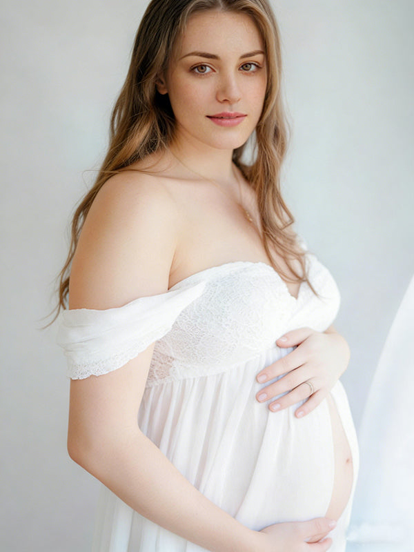 Mumsmode Zwangerschaps Maxi Fotojurk Elegante Bandeau Opengewerkte Zijsplit Fotoshoot