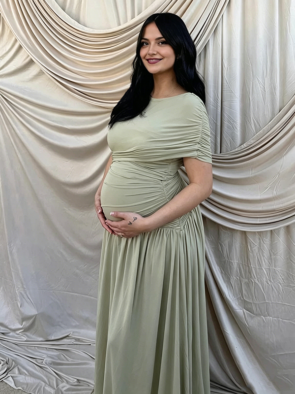 Mumsmode Zwangerschaps Maxi Jurk Babyshower Cocktail Gekreukt Onregelmatig Een Open Schouder Groen