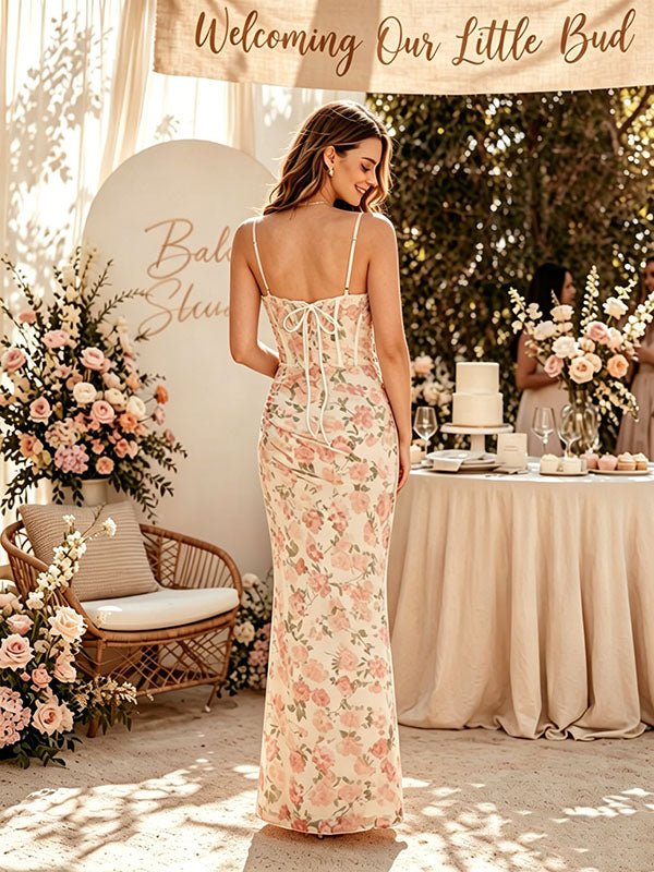 Chique Bloemenprint Zwangerschaps Maxi Jurk Bodycon Rugloos Spaghettibandjes