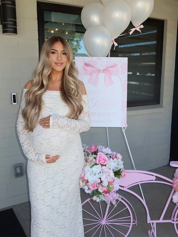 Mumsmode Zwangerchaps Maxi Jurk Kanten Off Shoulder Zijsplit Babyshower Wit