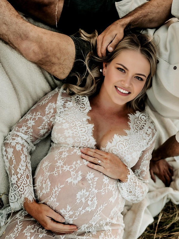 Mumsmode Zwangerschaps Kanten Maxi Jurk Elegante Boho Doorzichtige Borduursel Fotoshoot
