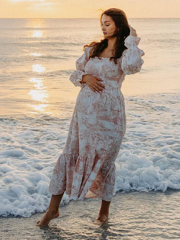 Mumsmode Schattige Zwangerschaps Maxi Jurk Ruches Geplooid Hoge Taille Pofmouwen Fotoshoot