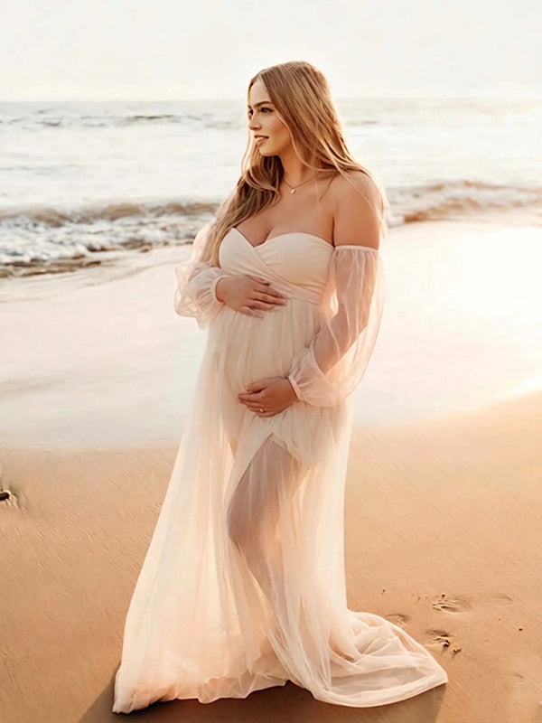 Chique Zwangerschaps Maxi Jurk Tule Off-Shoulder Boho