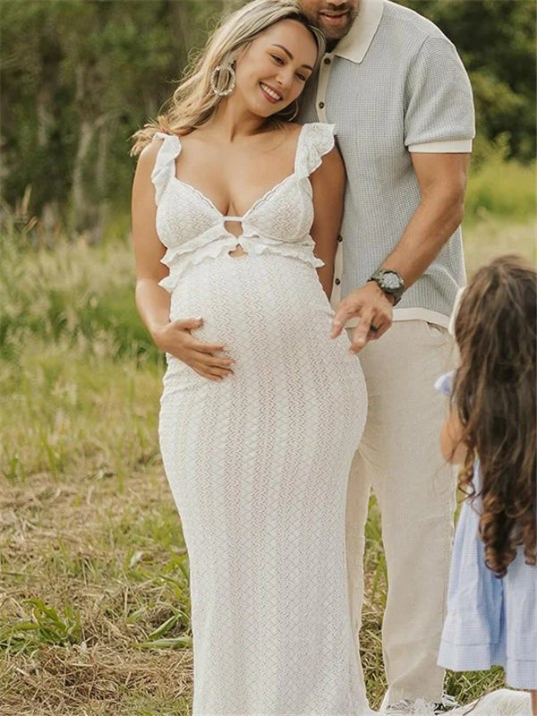 Mumsmode Zwangerchaps Maxi Fotoshoot Jurk Elegant Rugloos Breien V-hals Wit