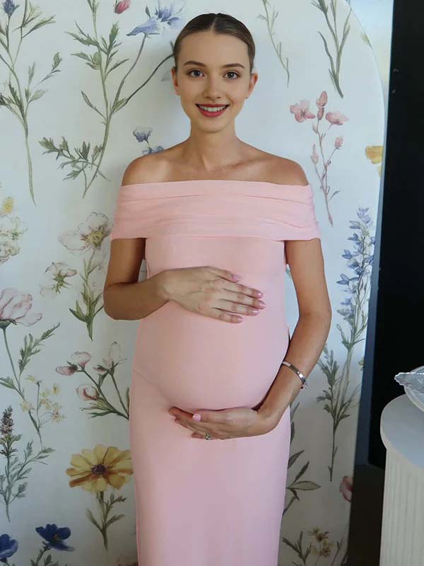 Mumsmode Chique Roze Off Shoulder Bodycon Rugloos Babyshower Zwangerschaps Maxi Jurk