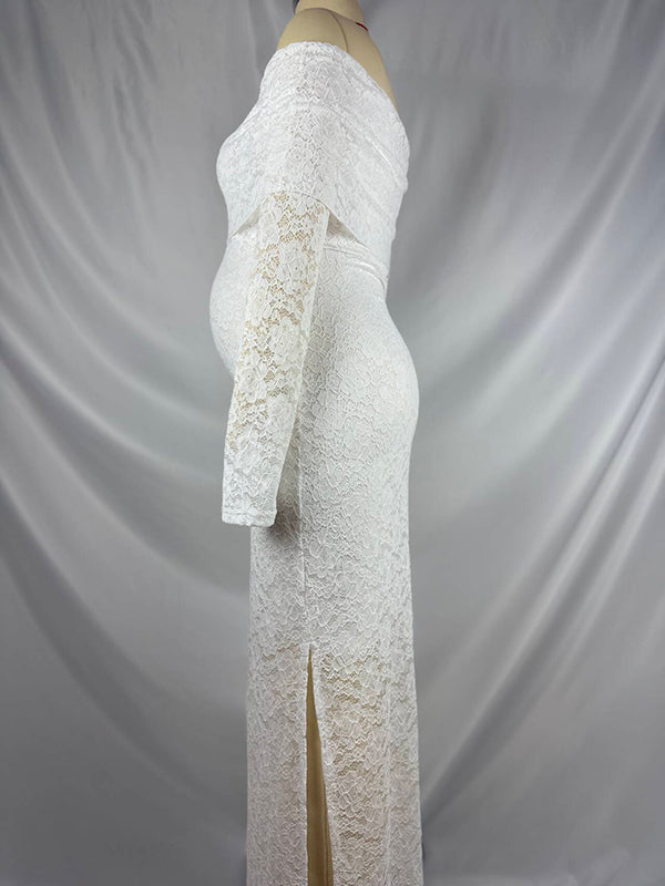 Mumsmode Zwangerchaps Maxi Jurk Kanten Off Shoulder Zijsplit Babyshower Wit