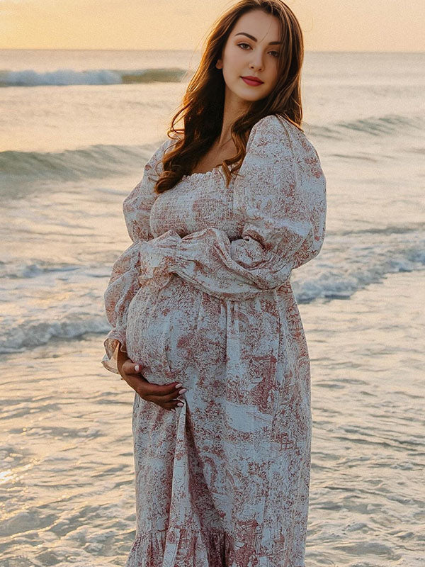 Mumsmode Schattige Zwangerschaps Maxi Jurk Ruches Geplooid Hoge Taille Pofmouwen Fotoshoot
