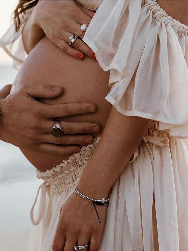 Mumsmode Bohemian Zwangerschaps Tweedelige Set Maxi Jurk Off-Shoulder Rugloos Ruches Fotoshoot