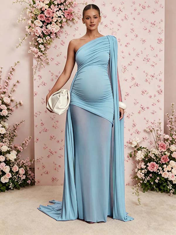 Mumsmode Chique Blauw Gekreukt Een Open Schouder Tule Gedrapeerd Babyshower Zwangerschaps Maxi Jurk