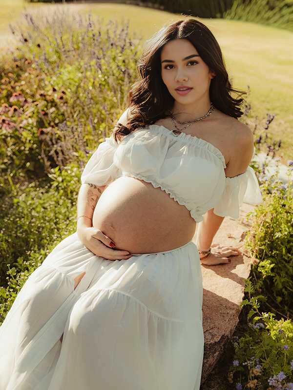 Mumsmode Bohemian Zwangerschaps Tweedelige Set Maxi Jurk Off-Shoulder Rugloos Ruches Fotoshoot