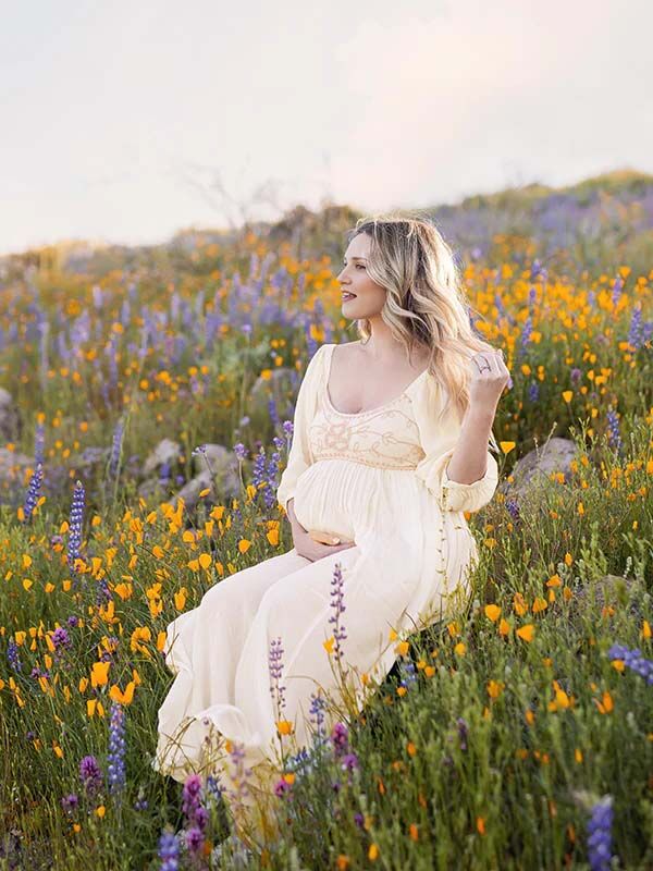 Mumsmode Zwangerschaps Fotoshoot Jurken Boheems Borduursel Bloemen Gedrapeerd Maxi Jurken