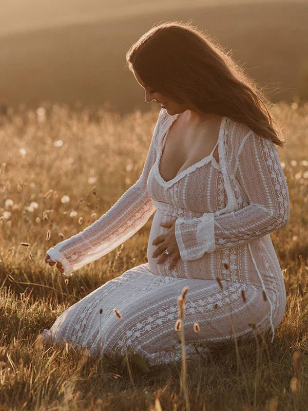 Mumsmode Kanten Zwangerschaps Tweedelige Set Spaghettibandjes Maxi Jurk Zijsplit Cropped Vest Fotoshoot Uitgaan