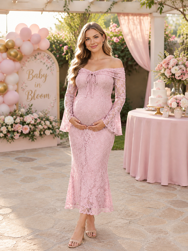 Roze kanten zwangerschaps midi jurk met off shoulder hals en aansluitende pasvorm voor babyshower.
