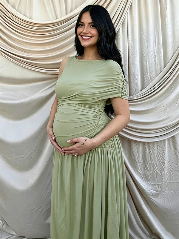 Mumsmode Zwangerschaps Maxi Jurk Babyshower Cocktail Gekreukt Onregelmatig Een Open Schouder Groen
